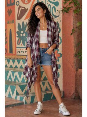 EN CREME Anthropologie Boutique Plaid Open Drape Front Cardigan Top Fringe L